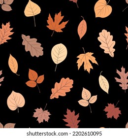 Seamless pattern with autumn leaveson black background. Texture for print, textile, fabric, packaging. Hand drawn vector illustration. Pastel colors.
