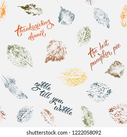 Seamless pattern with autumn leaves.Vector background with leaves and hand written lettering. Suitable for wrapping paper, wallpapers, textile or book covers, design, graphic art, printing. EPS 8