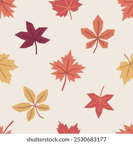 Patrón sin fisuras de hojas de arce y castaño de otoño, en estilo recortado sobre fondo beige claro. Elementos botánicos geométricos simples. Diseño de Vector de otoño.