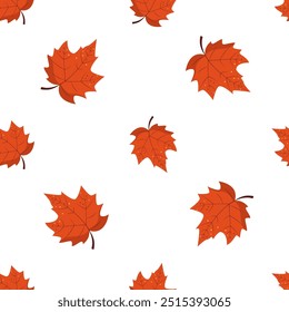 Seamless pattern with Autumn maple leaf. Red foliage is a symbol of fall. Flat vector repeating background isolated on white 