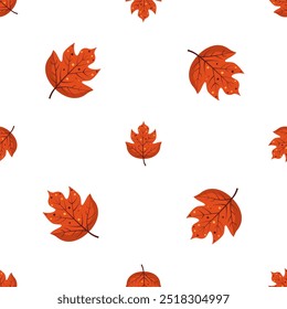 Seamless pattern with Autumn maple leaf. Red foliage is a symbol of fall. Flat vector repeating background isolated on white 