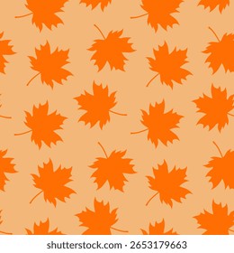 Seamless pattern with autumn maple leaf silhouettes on beige background representing autumn season and natural fall foliage design.