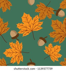 Seamless pattern of autumn maple leaves and acorns on green background. Vector illustration.