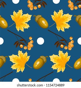 Seamless pattern of autumn maple leaves decorated with colorful berries, acorns and white dots on a blue background. Vector illustration.