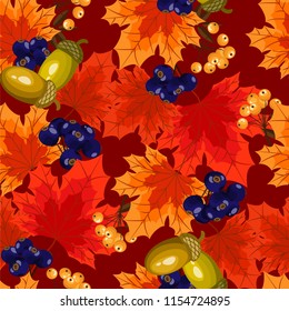 Seamless pattern of autumn maple leaves decorated with colorful berries and acorns on a red background. Vector illustration.