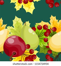 Seamless pattern of autumn maple leaves decorated with colorful pears, apples and red berries on a green background. Vector illustration.