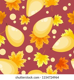 Seamless pattern of autumn maple leaves decorated with colorful pears and yellow dots on a brown background. Vector illustration.