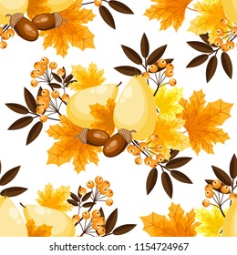 Seamless pattern of autumn maple leaves decorated with colorful pears, berries and acorns on a white background. Vector illustration.