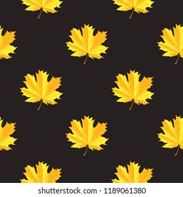 Seamless pattern with autumn maple leaves. Golden gradient leaves on dark background. Vector illustration