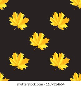 Seamless pattern with autumn maple leaves. Golden gradient leaves on dark background. Vector illustration