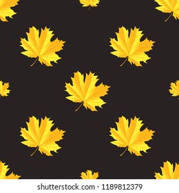 Seamless pattern with autumn maple leaves. Golden gradient leaves on dark background. Vector illustration