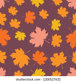 Seamless pattern with autumn maple leaves. Orange, yellow, pink leaves on lilac background. Vector illustration