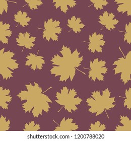 Seamless pattern with autumn maple leaves. Golden leaves on lilac background. Vector illustration