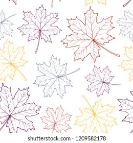 Seamless pattern of autumn maple leaves on white background. Outline decorative wallpaper.