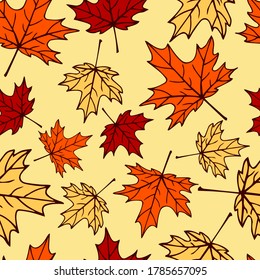 Seamless pattern with autumn maple leaves in orange, beige, brown colors. Perfect for wallpaper, gift paper, drawing fill, web page background, autumn greeting cards.