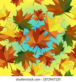 Seamless pattern with autumn maple leaves on a yellow-blue background