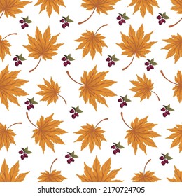 Seamless pattern with autumn maple leaves and rose hips.vector graphics.
