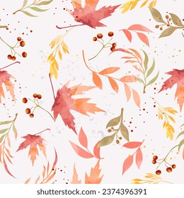 Seamless pattern of autumn maple leaves and berries. Vector illustration. 