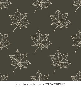 Seamless pattern with autumn maple leaves. In sketch doodle style. On a green background. Vector.