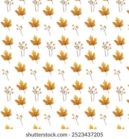 Seamless pattern with autumn maple leaves and branches of brown flowers. Perfect for wallpaper, gift paper, pattern fills, web page background. Vector.