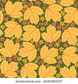 Seamless Pattern with Autumn Maple Leaves and Cute Florals. Fall foliage background perfect for cards, patterns, print, web