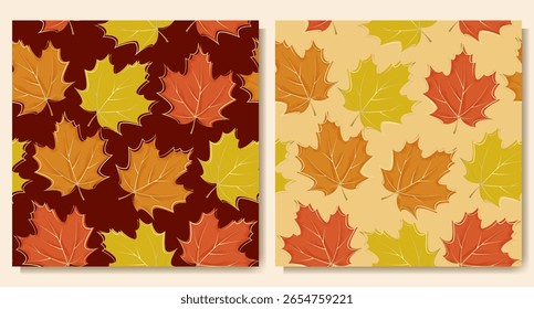 Seamless pattern with autumn maple leaves with golden veins. Warm palette of red, orange and yellow conveys coziness.Perfect for textiles, packaging, cards, wallpaper, wrapping paper and autumn decor.