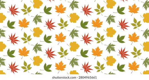 Seamless pattern autumn maple leaves featuring different tree species with labels. Ideal for botanical education, forestry, gardening, seasonal projects, nature guides, and classroom materials.