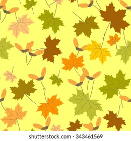 Seamless pattern of autumn maple leaves and seeds on a light background. Vector illustration.