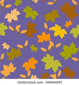 Seamless pattern of autumn maple leaves and seeds on a contrasting background. Vector illustration.