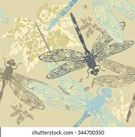 Seamless pattern with autumn Maple Leaves and dragonfly's.Template for design fabric, covers and wrapping paper.