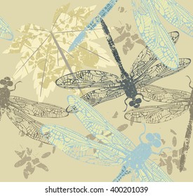 Seamless pattern with autumn Maple Leaves and dragonfly's. Template for design fabric, covers and wrapping paper.