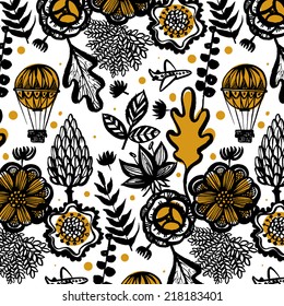 Seamless Pattern with autumn mood. Flowers, leaves, plane and balloon. Black and yellow pattern.