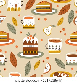 Seamless pattern of autumn mood. Seasonal pastries and cups with drinks. Pumpkin pie, cake, coffee, cocoa, tea, leaves. Vector illustration