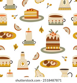 Seamless pattern for autumn mood. Autumn seasonal pastries and different drinks in cups. Coffee, cocoa, tea, cake, pumpkin pie. Vector illustration