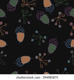 Seamless pattern of autumn motif, acorns, spots, hole,ellipses, quadrangles . Hand drawn.
