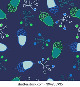 Seamless pattern of autumn motif, acorns, spots, hole,ellipses, quadrangles . Hand drawn.