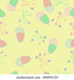 Seamless pattern of autumn motif, acorns, spots, hole,ellipses, quadrangles . Hand drawn.
