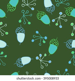 Seamless pattern of autumn motif, acorns, spots, hole,ellipses, quadrangles . Hand drawn.