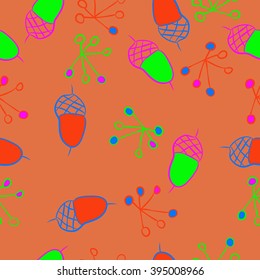Seamless pattern of autumn motif, acorns, spots, hole,ellipses, quadrangles . Hand drawn.