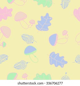 Seamless    pattern  of  autumn motif, doodles, acorns, oak, mushrooms, leaves . Hand drawn.