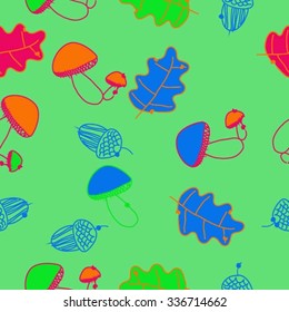 Seamless    pattern  of  autumn motif, doodles, acorns, oak, mushrooms, leaves . Hand drawn.