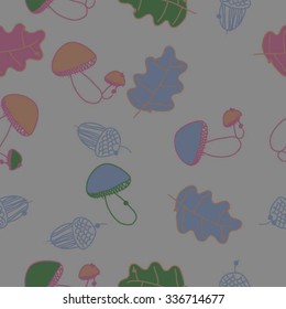 Seamless    pattern  of  autumn motif, doodles, acorns, oak, mushrooms, leaves . Hand drawn.