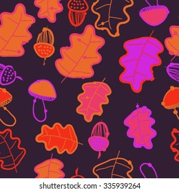 Seamless    pattern  of autumn motif, hole, leaves, spots, mushrooms, oak, acorn . Hand drawn.