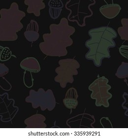 Seamless    pattern  of autumn motif, hole, leaves, spots, mushrooms, oak, acorn . Hand drawn.