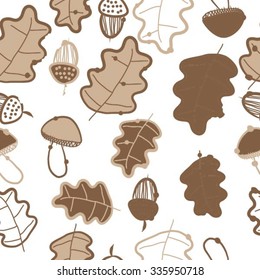 Seamless    pattern  of autumn motif, hole, leaves, spots, mushrooms, oak, acorn . Hand drawn.