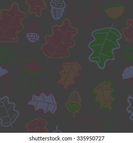 Seamless    pattern  of autumn motif, hole, leaves, spots, mushrooms, oak, acorn . Hand drawn.