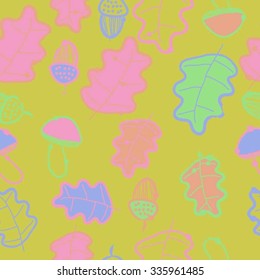 Seamless    pattern  of autumn motif, hole, leaves, spots, mushrooms, oak, acorn . Hand drawn.