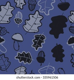 Seamless    pattern  of autumn motif, hole, leaves, spots, mushrooms, oak, acorn . Hand drawn.