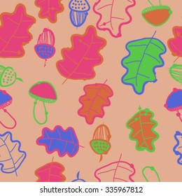 Seamless    pattern  of autumn motif, hole, leaves, spots, mushrooms, oak, acorn . Hand drawn.