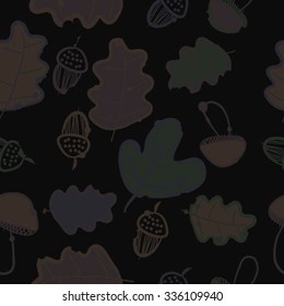 Seamless pattern of autumn motif, hole, leaves, spots, mushrooms, oak, acorn, doodles. Hand drawn.
